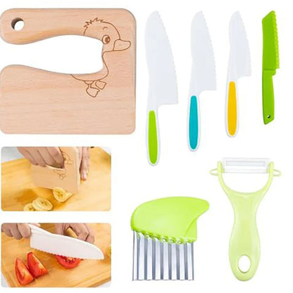 Serrated Edges Kids Knives Fruit Vegetable Crinkle Cutters Kids Knife Set Montessori Kitchen Tools Cutting Board