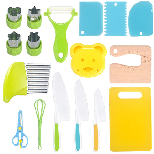 Serrated Edges Kids Knives Fruit Vegetable Crinkle Cutters Kids Knife Set Montessori Kitchen Tools Cutting Board