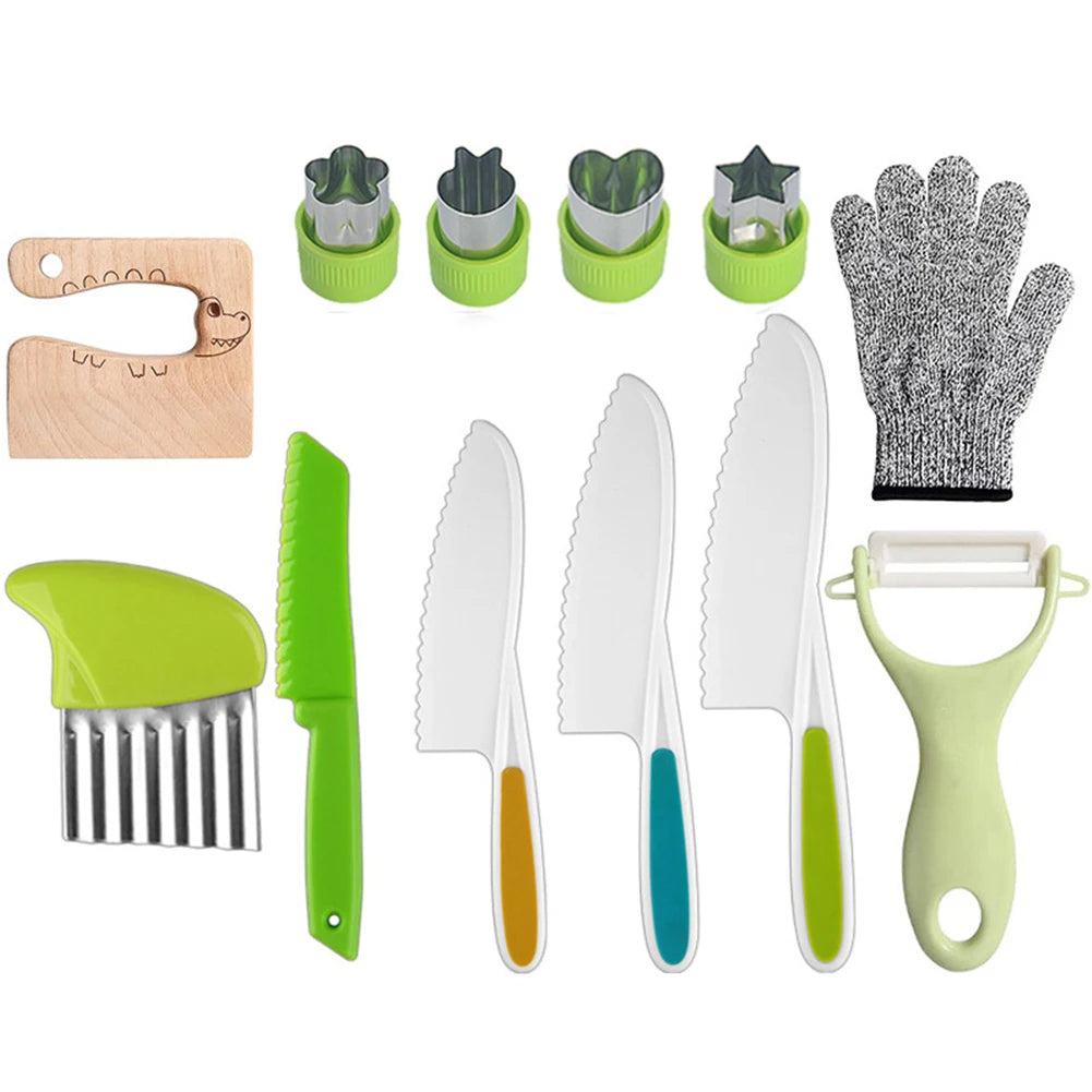 Serrated Edges Kids Knives Fruit Vegetable Crinkle Cutters Kids Knife Set Montessori Kitchen Tools Cutting Board
